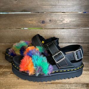 New Womens Dr. Martens Voss‎ II  Black Fluffy Rainbow Strappy Sandals Size 6 M